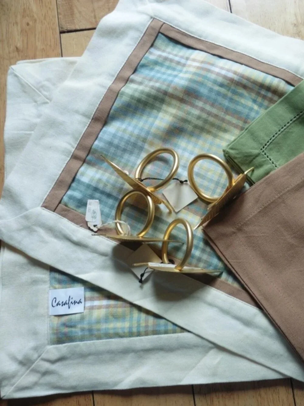 Casafina VTG Cotton Plaid Placemats Green/Brown Napkins + Gold Rings 20PC LOT
